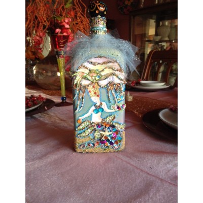 Handmade Unique Decorated Wine Bottle w/ beads,sequins, gems, Mermaid 424    173420781601